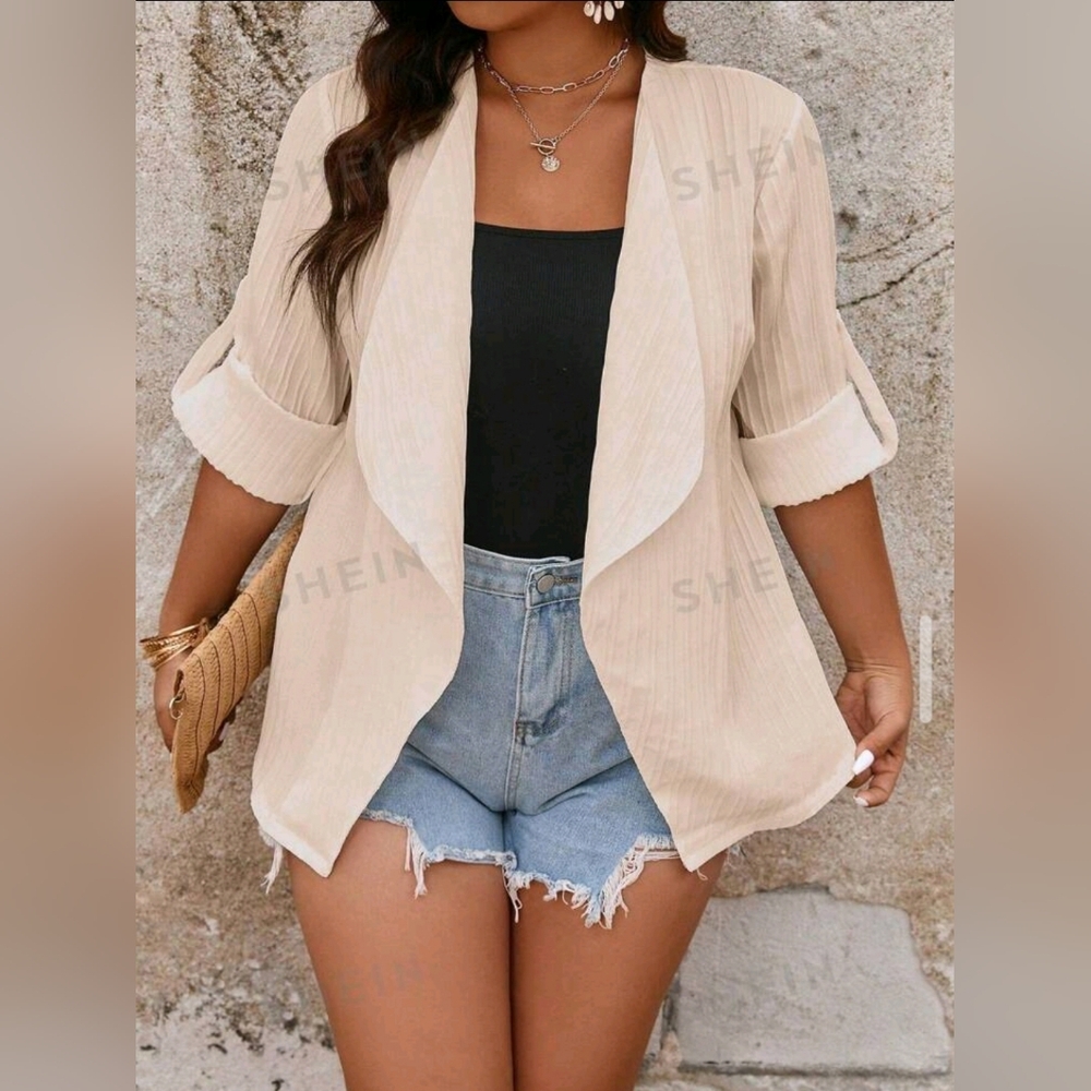 SHEIN Essnce Minimalist Texture Solid Color Rolled Sleeve Cardigan Jacket